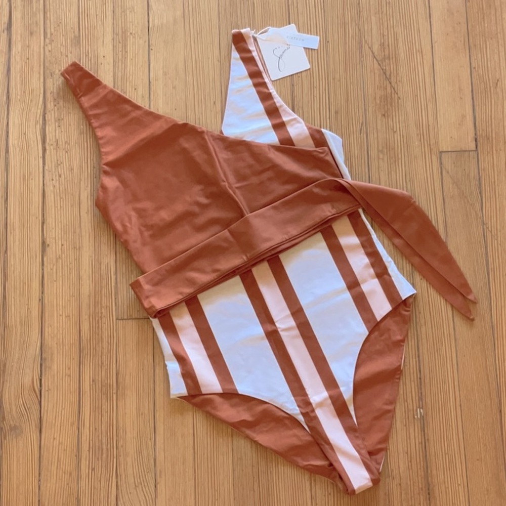 Elegant Brown and White One-Shoulder Swim One Piece